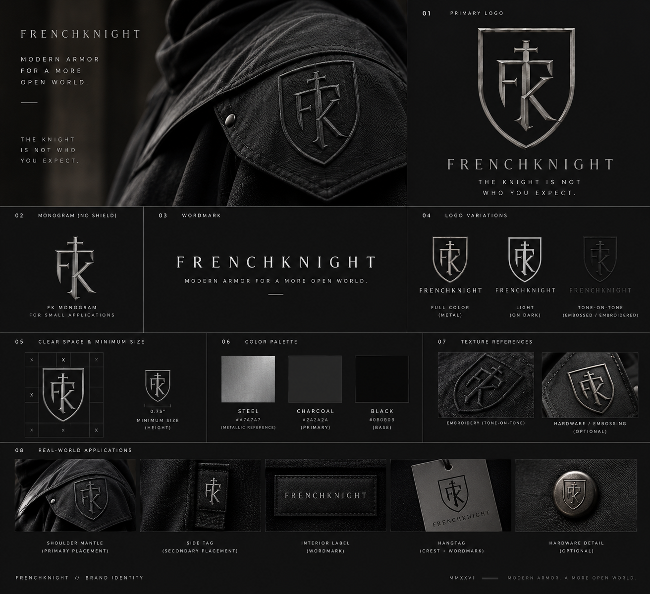 The FrenchKnight identity system was locked, including the shielded FK crest, secondary FK monogram, and FRENCHKNIGHT wordmark.